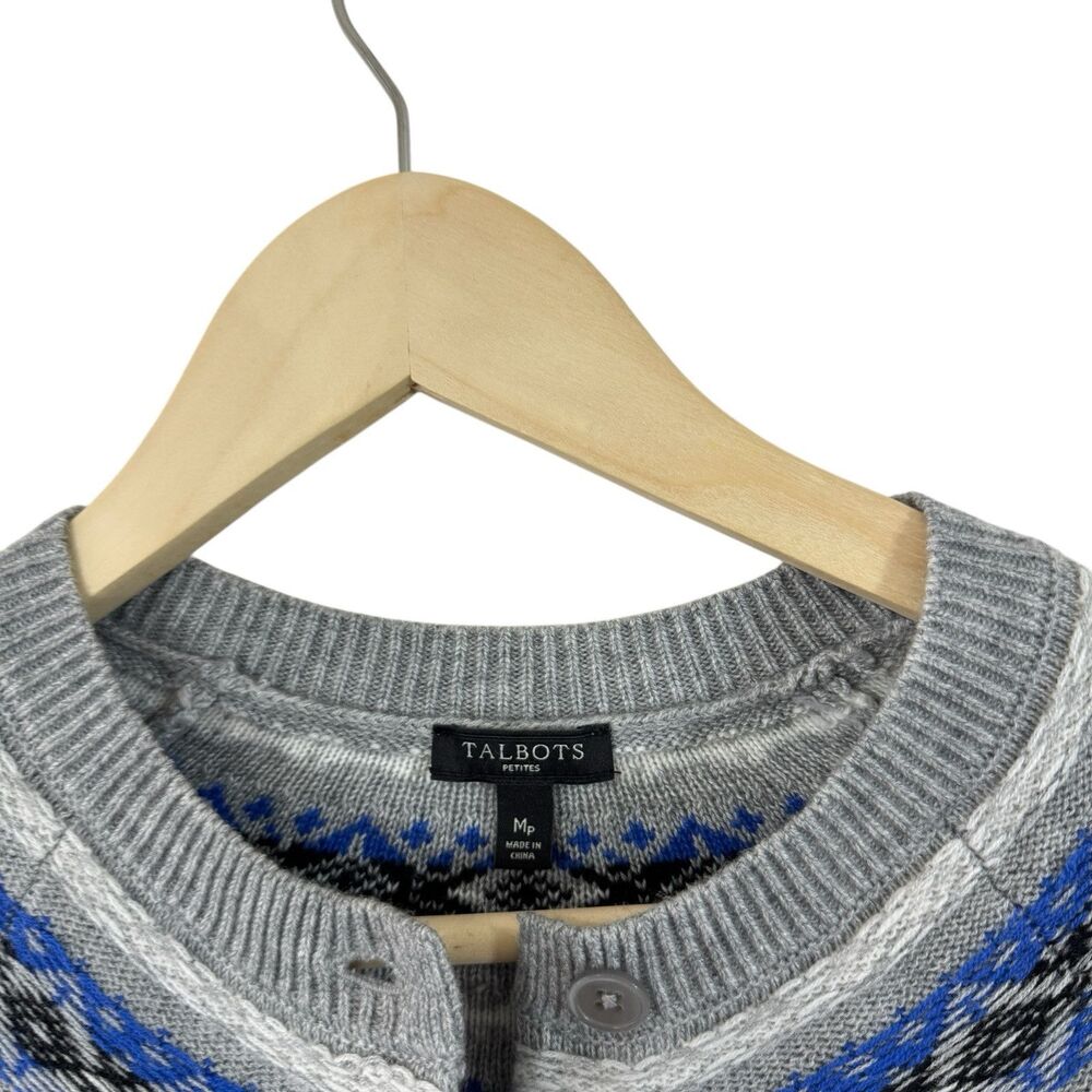 Talbots Petites Medium MP Cardigan Sweater Nylon Lambswool Gray Fair Isle Womens - Picture 4 of 14